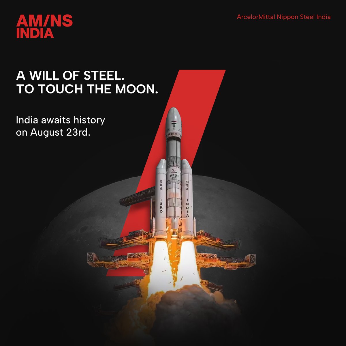 AMNSIndia's tweet photo. As India reaches for its greatest feat of exploration with #Chandrayaan3, we salute @isro and all those who showed a determination of steel to make it happen. We look forward to lunar touchdown on 23rd August and #BrighterFutures for India. https://t.co/zvhGzcAYvH