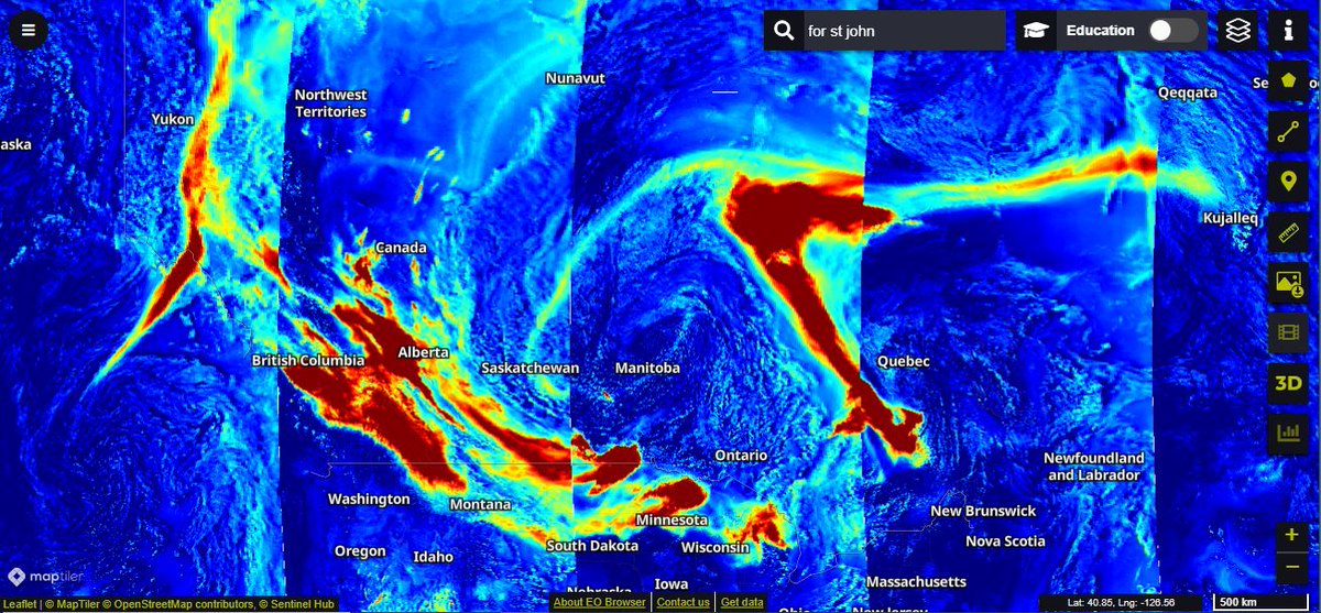 SHS_Space's tweet photo. #wildfires #wildfiresmoke 🇨🇦🇺🇸 Sentinel-5P images (14-Jul-23) across Canada and northern USA. Aerosol Index - left, total column carbon monoxide - right. Dark red is highest value in both images. (Data @sentinel_hub, @CopernicusEU, @ESA_EO) https://t.co/iF5XpGx3by
