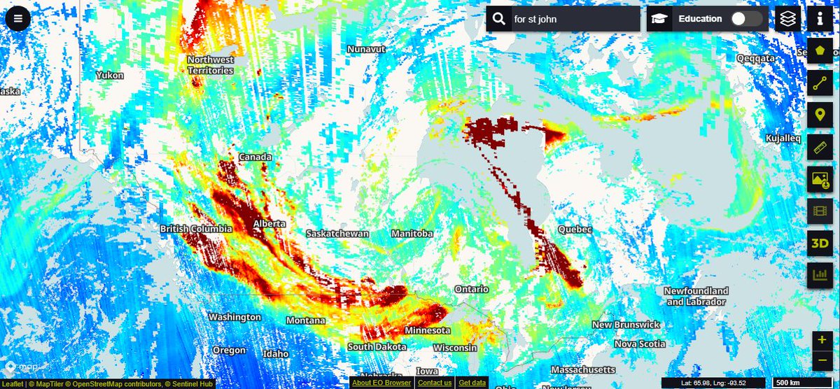 #wildfires #wildfiresmoke 🇨🇦🇺🇸 Sentinel-5P images (14-Jul-23) across Canada and northern USA. Aerosol Index - left, total column carbon monoxide - right. Dark red is highest value in both images. (Data <a href="/sentinel_hub/">Sentinel Hub</a>, <a href="/CopernicusEU/">Copernicus EU</a>, <a href="/ESA_EO/">ESA Earth Observation</a>)