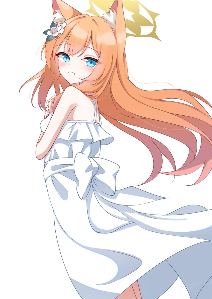 mari (blue archive) 1girl solo animal ears long hair halo dress white dress  illustration images