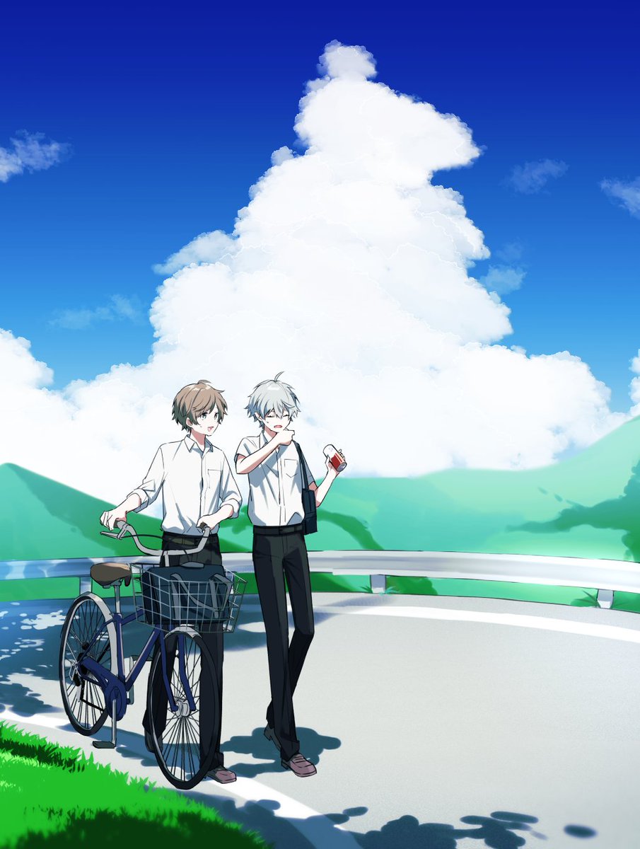 nagisa kaworu bicycle 2boys outdoors multiple boys cloud sky male focus  illustration images
