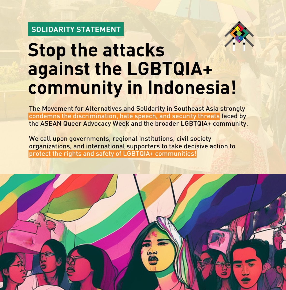 Lawan_UPAltDev's tweet photo. "The Movement on Alternatives &amp; Solidarity in Southeast Asia echoes the calls of @ASEANSOGIE &amp; urge all stakeholders to take immediate collective action. It is crucial for authorities to ensure the safety &amp; security of LGBTQIA+ activists &amp; individuals."

Full statement (1/2)⤵️ https://t.co/bSXe1eWFck