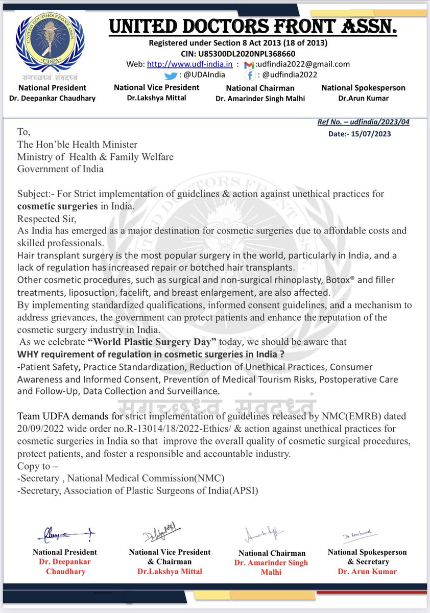 As Today on World Plastic Surgery Day, Team @udfaindia demands for Strict implementation of @NMC_IND guidelines & action against unethical cosmetic surgery practices in India. @MoHFW_INDIA @mansukhmandviya @DghsIndia @ANI