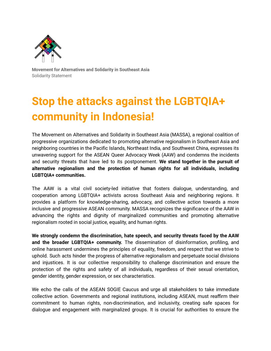 Lawan_UPAltDev's tweet photo. "Regional civil society organizations and progressive movements must unite, amplifying their voices and expressing unwavering solidarity with the ASEAN Queer Advocacy Week, ASEAN SOGIE Caucus, and LGBTQIA+ communities." (2/2) https://t.co/L5iE8XPbg4