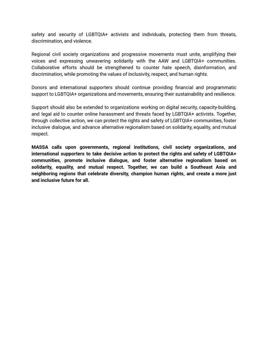 Lawan_UPAltDev's tweet photo. "Regional civil society organizations and progressive movements must unite, amplifying their voices and expressing unwavering solidarity with the ASEAN Queer Advocacy Week, ASEAN SOGIE Caucus, and LGBTQIA+ communities." (2/2) https://t.co/L5iE8XPbg4