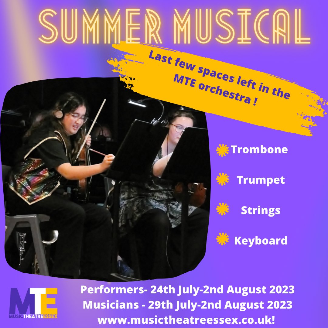 Last few spaces left in the MTE orchestra for this summer ! If you know a player grade 6 standard and above who wants to play a whole musical get in touch! @EssexMusicHub <a href="/EssexMc/">Essex Marching Corps</a> @CRGSMusic <a href="/EssexYear/">Essex Young Musician of the Year</a> <a href="/SWCHSMusicDept/">SWCHS Music</a> <a href="/MusicTeacherMag/">Music Teacher</a> <a href="/haveringmusic/">HaveringMusicSchool</a>