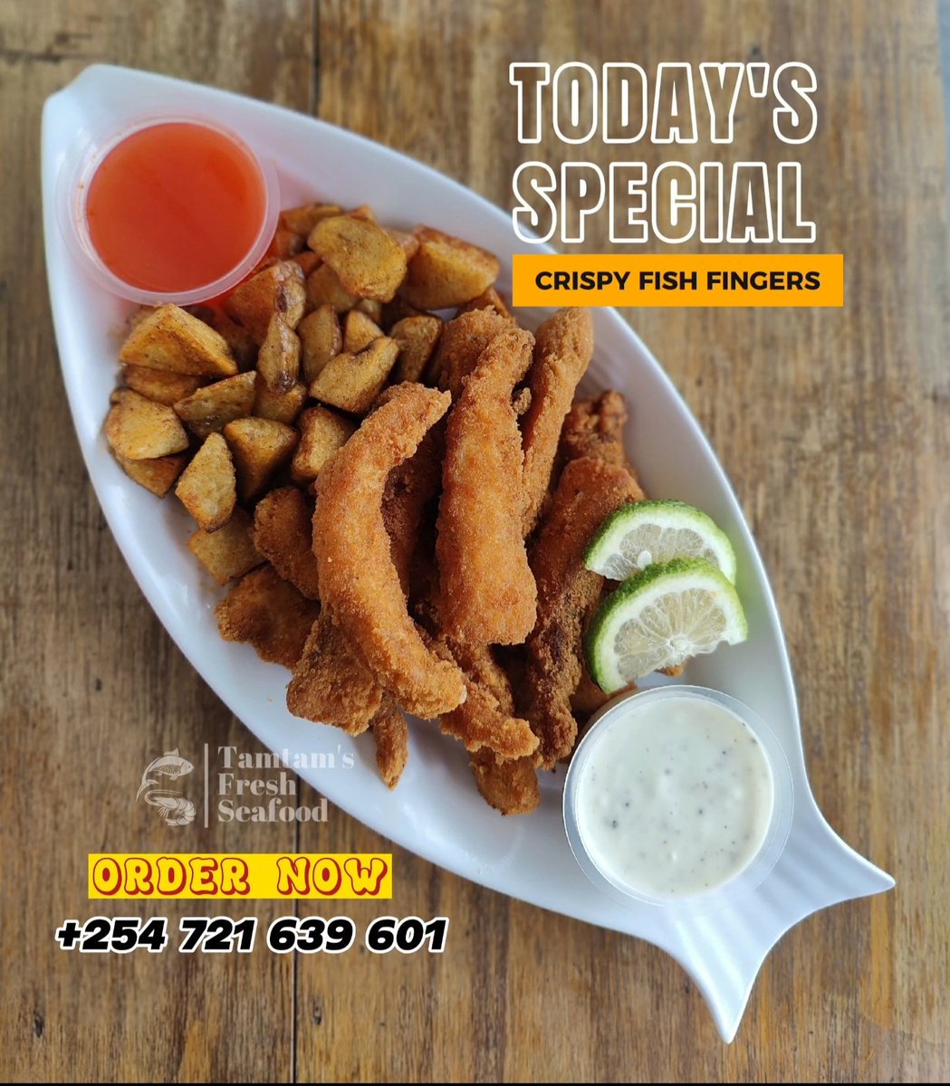 Today's Special: Crispy Fish Fingers with Potato Wedges at Kes 650 Only FREE DELIVERY within South B The Kitchen is Open, Now taking orders for Brunch & Lunch #freshfooddaily #lunchisserved #crispyfish #fishfingers #tamtamskitchen