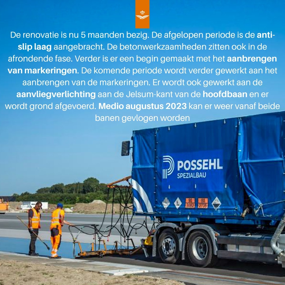 VlbLeeuwarden's tweet photo. #Baanupdate De renovatie is nu 5 maanden bezig. 

Afgelopen periode is de anti-slip laag aangebracht. De betonwerkzaamheden zitten in de afrondende fase en er is een begin gemaakt met het aanbrengen van markeringen. Medio augustus kan er weer vanaf de banen gevlogen worden. https://t.co/sFV4QJZ957