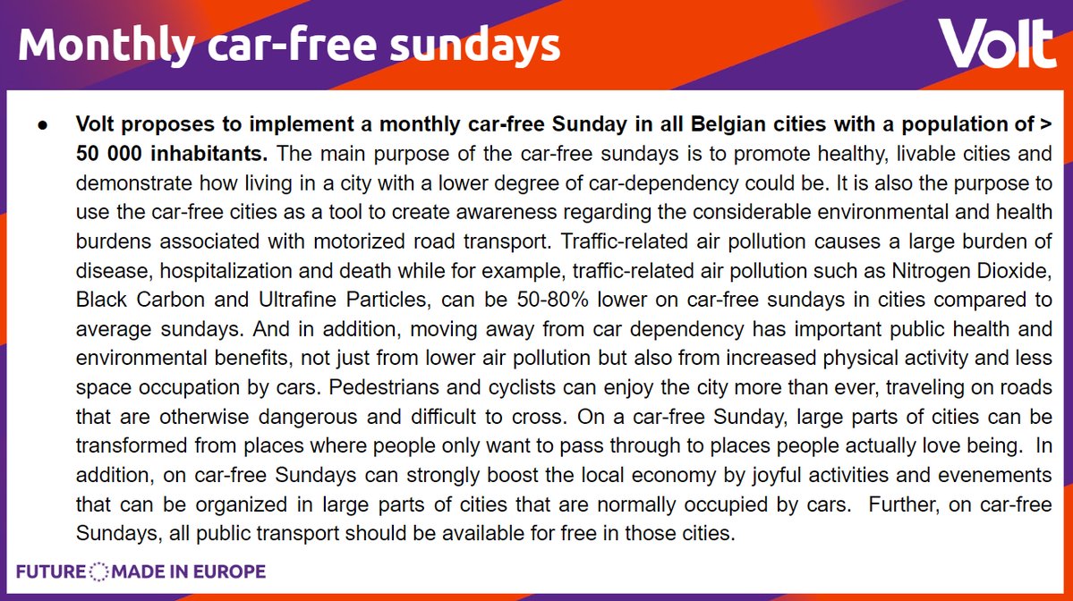 VoltBelgium's tweet image. #Volt proposes monthly car-free Sunday in cities &amp;gt;=50,000 inhabitants. #Paris already does this. This has important climate, economical and public health advantages.

12 months after implementation: corrective referendum where citizens can decide to (dis)continue this policy.
