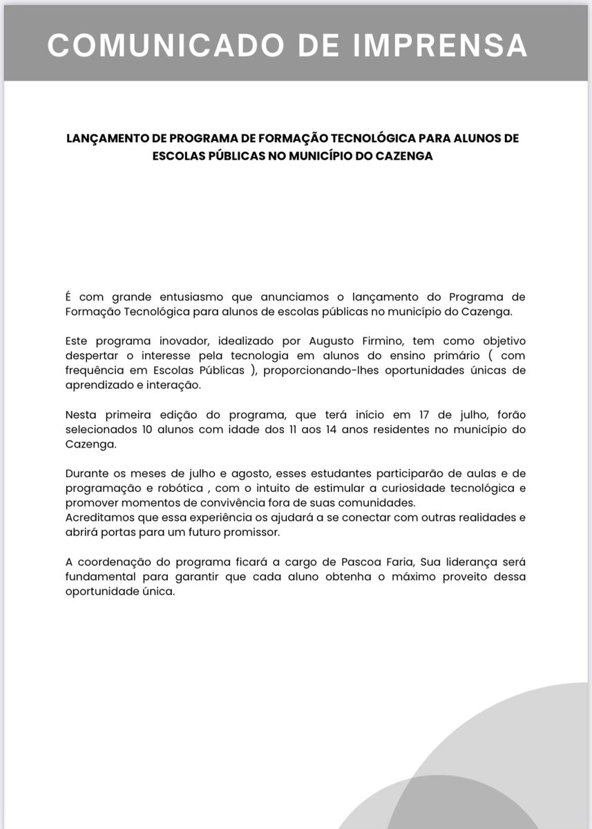 augustofirmino's tweet photo. É preciso que cada um de nós se sinta responsável por moldar as gerações futuras e isto não se concentra na educação dos nossos filhos apenas , e preciso educar o meio social que vai receber os nossos filhos.

Foi dentro deste espírito que conecebemos este programa. https://t.co/XtyPRCszIl