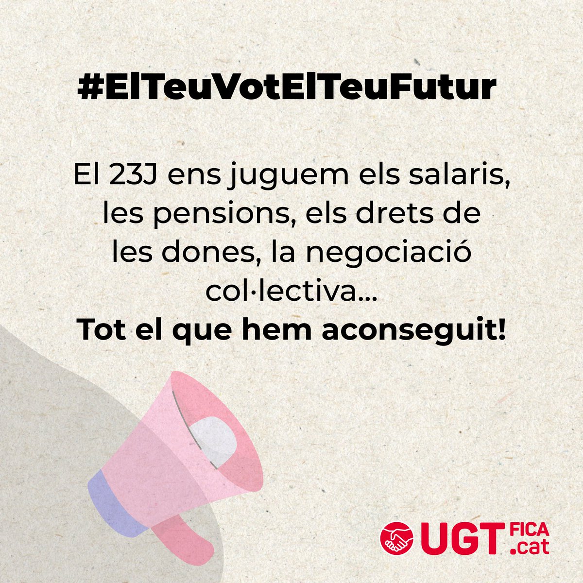 ugtficat's tweet photo. 📢Falta una setmana per les eleccions del #23J 
🫰Salaris
🧓Pensions
🧑‍🏭Negociació col.lectiva
🧑‍🎓Educació
🧑‍⚕️Salut
💜Drets de les dones
🌈Drets del col·lectiu LGTBI+
🙌Ens juguem tot això i molt més
✊Vota a partits d'esquerres 
#ElTeuVotElTeuFutur https://t.co/5dD5SaPGPR