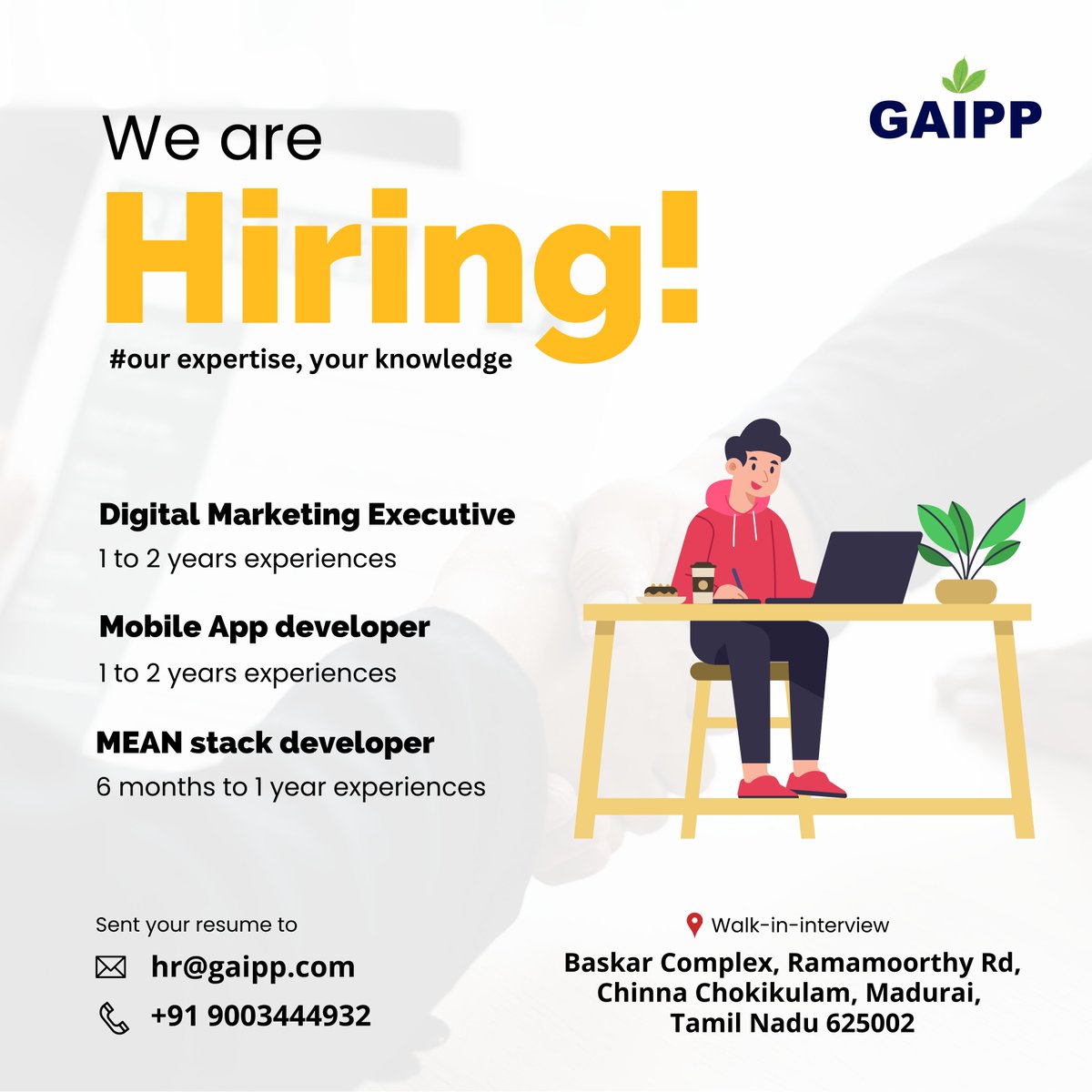 We are Hiring! Join our Dynamic Team Today!
Apply today by sharing your resume with us at hr@gaipp.com Contact us: +91 9003444932
#nowhiring #jobopportunity #Career #joinourcrew #workwithpassion #openingdoors #culturalfit #teamspirit #professionalgrowth #futurestartshere