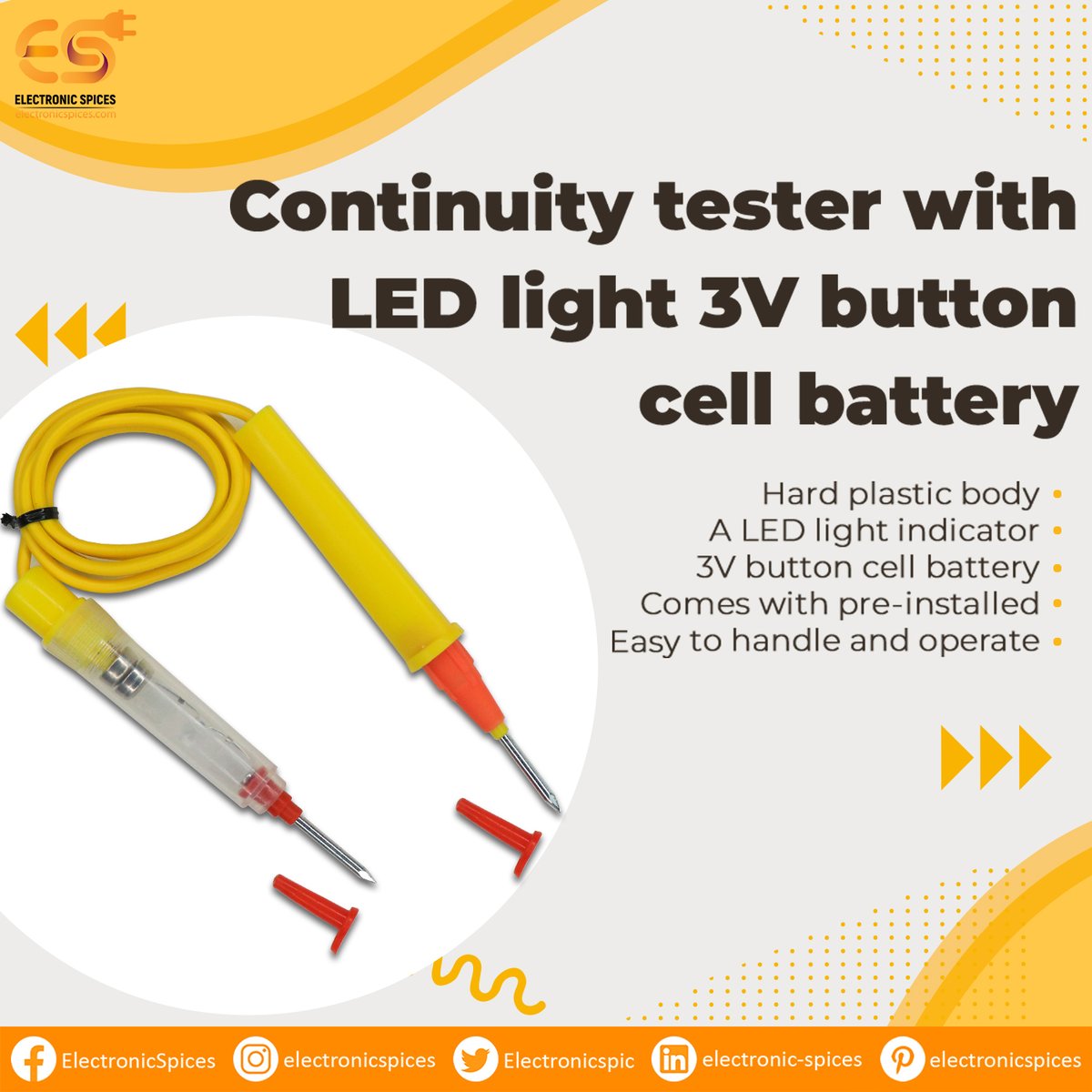 Electronicspic's tweet image. 𝗖𝗼𝗻𝘁𝗶𝗻𝘂𝗶𝘁𝘆 𝘁𝗲𝘀𝘁𝗲𝗿 𝘄𝗶𝘁𝗵 𝗟𝗘𝗗 𝗹𝗶𝗴𝗵𝘁 𝟯𝗩 𝗯𝘂𝘁𝘁𝗼𝗻 𝗰𝗲𝗹𝗹 𝗯𝗮𝘁𝘁𝗲𝗿𝘆

Buy Now : electronicspices.com/product/contin…

#continuitytester #continuitytest #ledlight #3vbattery #buttoncellbattery #electronics #electrical #repair #troubleshooting