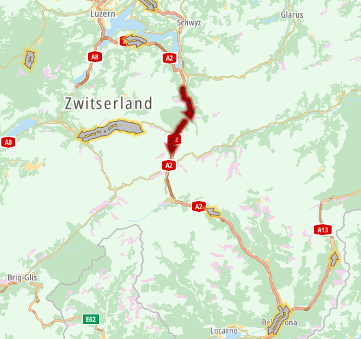 2 uur vertraging  voor de Gotthardtunnel #A2 Luzern ► Chiasso #Zwitserland 9 km file tussen Erstfeld en Wassen en 8 km file tussen Amsteg en Göschenen.