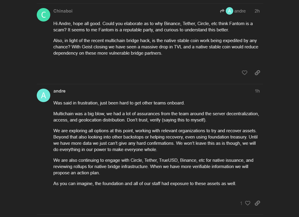 Blockchain Ecologist 💥🌱 (@block_ecologist) on Twitter photo Really needed to hear it; cheers <a href="/AndreCronjeTech/">Andre Cronje</a>
Not convinced there's a way back for our MC assets but <a href="/FantomFDN/">Fantom Opera</a> going all out on various ecosystem support measures would give a much-needed boost to chain recovery 🫂 $FTM
From the #Fantom Infinite AMA forum.fantom.network/t/andre-cronje… Really needed to hear it; cheers <a href="/AndreCronjeTech/">Andre Cronje</a>
Not convinced there's a way back for our MC assets but <a href="/FantomFDN/">Fantom Opera</a> going all out on various ecosystem support measures would give a much-needed boost to chain recovery 🫂 $FTM
From the #Fantom Infinite AMA forum.fantom.network/t/andre-cronje…