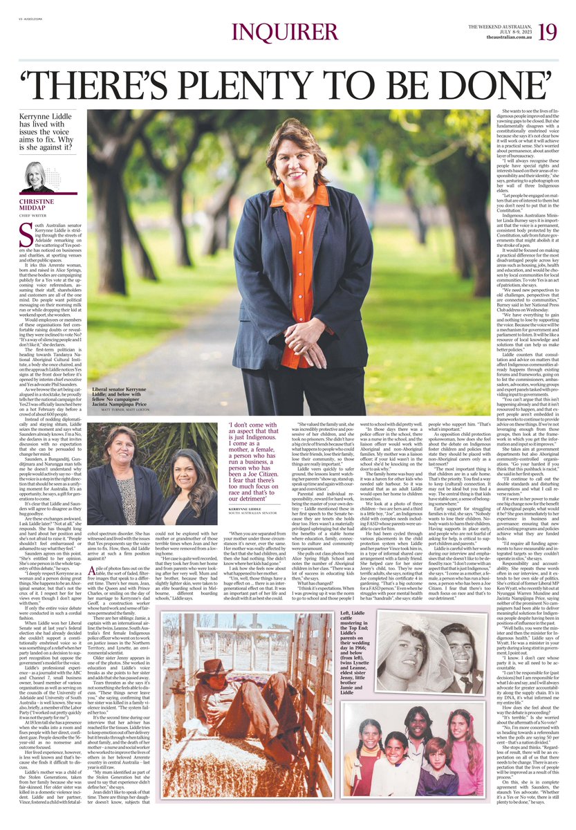 Last weekend, Christine Middap at The Australian wrote a piece on my story and why I will be saying NO to the Voice.

If you want to find out more about me and why the Voice will fail to solve the everyday problems afflicting Indigenous Australians, you should give it a read!