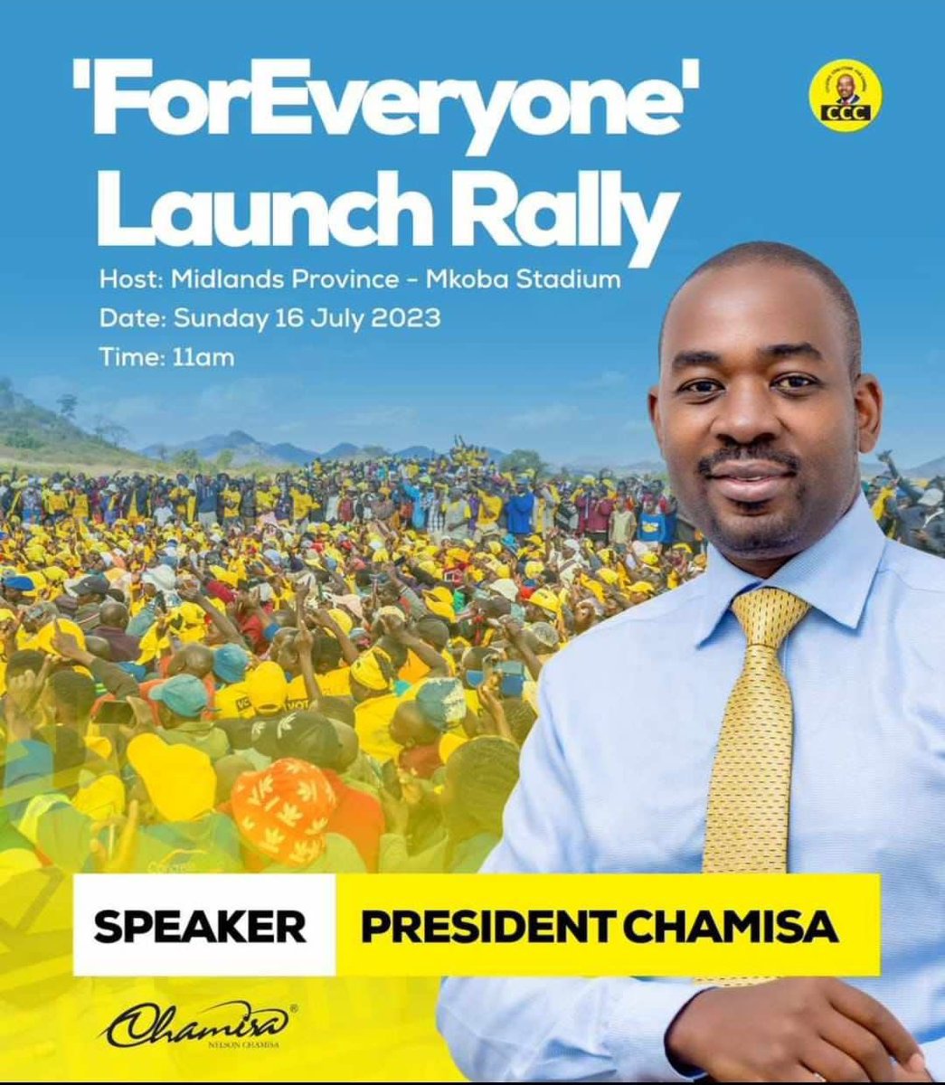 🟡It’s all systems GO for our national campaign mega-launch in Gweru tomorrow, 16 July 2023 at 10am. 

It’s going to be the biggest rally seen in Southern Africa. 

All roads lead to Midlands Province this weekend as we paint the nation yellow! 

Change is coming #ForEveryone!🇿🇼