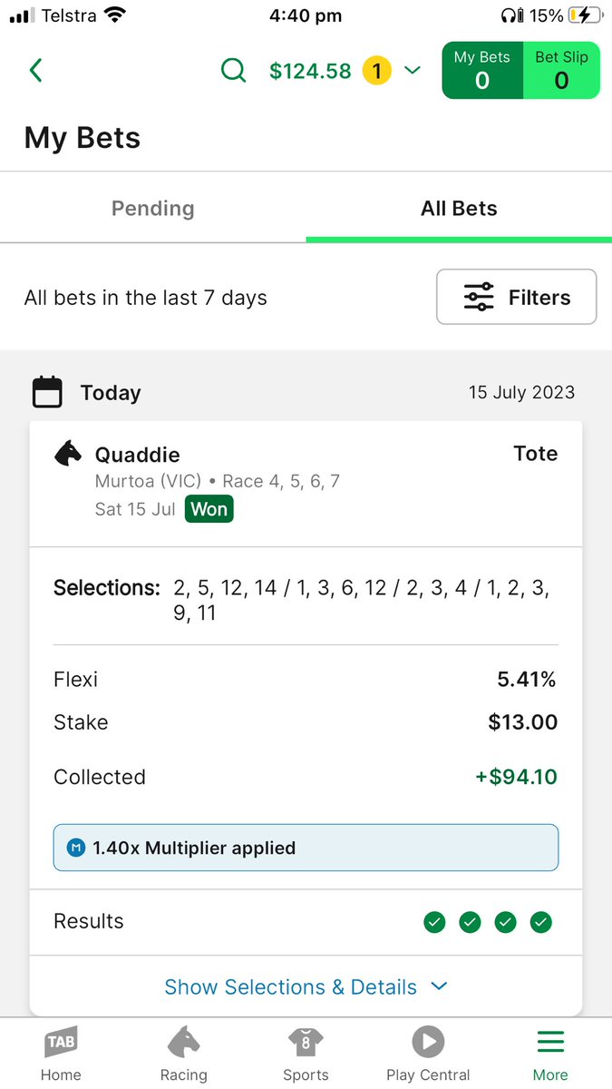Thanks to <a href="/BlaisrBets/">BlaisrBets</a> I got my local racecourse quaddie He picked the horses just for me. An absolute legend. Win 90ish ok but the bragging rights priceless. <a href="/KissAndTouching/">KissAndTouching Stables</a>