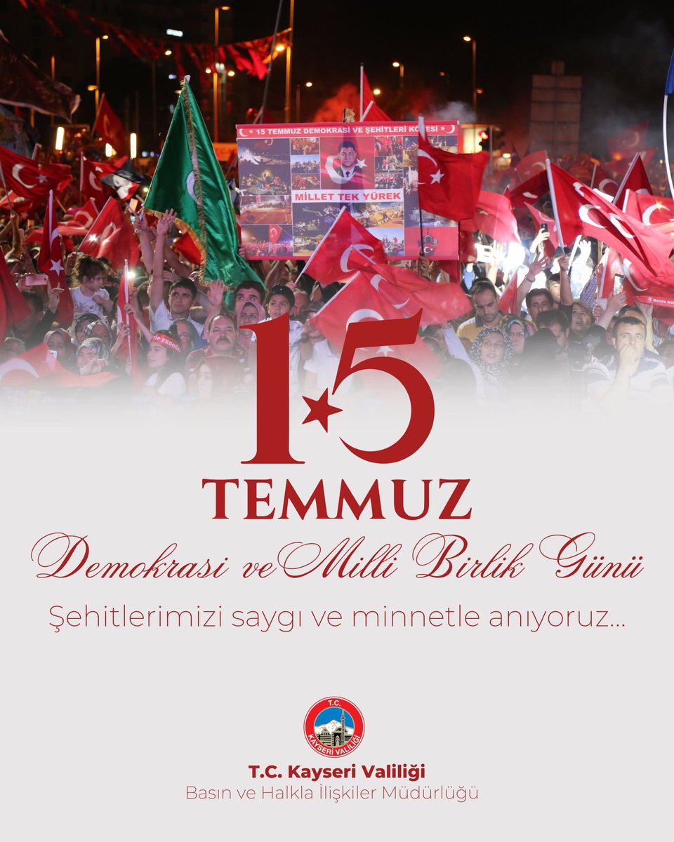 15 Temmuz 2016 tarihi bu milletin hür demokrasi iradesine ihanet edilip özgür istikbaline istikamet verilmeye kalkışıldığı gündür… 

Fakat Türk milleti tek yürek kenetlenerek hainlerin karşısında durmuş ve demokrasisine sahip çıkarak milli birlik ruhunu ortaya koymuştur.

15
