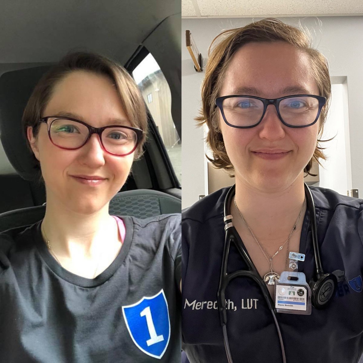 alaskandoggirl's tweet image. Just a little bit has changed in five years at my job - my haircut is basically the same, but I have more letters behind my name 😂 love my @Tier1VetMed coworkers, and here’s to the next five years at the clinic ❤️