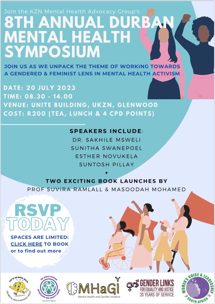 🔔#Durban join the 8th annual Mental Health Symposium by the KZN Mental Health Advocacy Group supported by @TheSADAG @GenderLinks - coming up this week on 20 July at @UKZN! Sign up below 👇👇 docs.google.com/forms/d/e/1FAI…
