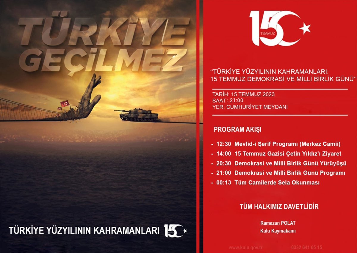 15 Temmuz Demokrasi ve Milli Birlik Günü'nde şehitlerimizi ve gazilerimizi minnetle anıyoruz.
<a href="/CaglayanMehmett/">Mehmet Çağlayan🇹🇷</a>
<a href="/kuluilcemem/">Kulu İlçe Millî Eğitim Müdürlüğü</a>