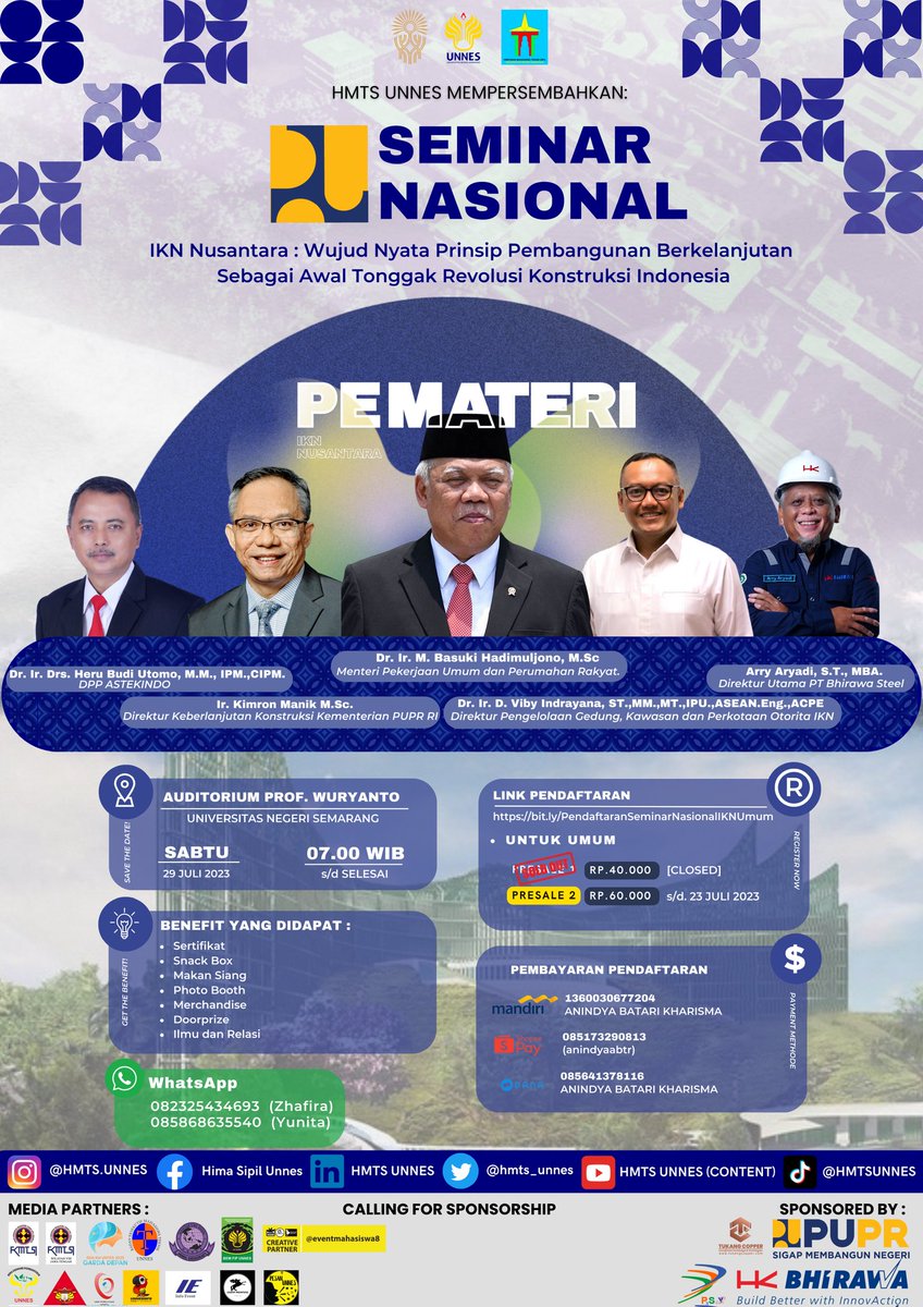 🏗️SEMINAR NASIONAL CIVIL TALK 2023🏗️

"IKN Nusantara : Wujud Nyata Prinsip Pembangunan Berkelanjutan Sebagai Awal Tonggak Revolusi Konstruksi Indonesia."

PENDAFTARAN
🎟️ Presale 2 : 60K
Link Pendaftaran :
bit.ly/PendaftaranSem…

CP:
Yunita 085868635540
Zhafira 082325434693