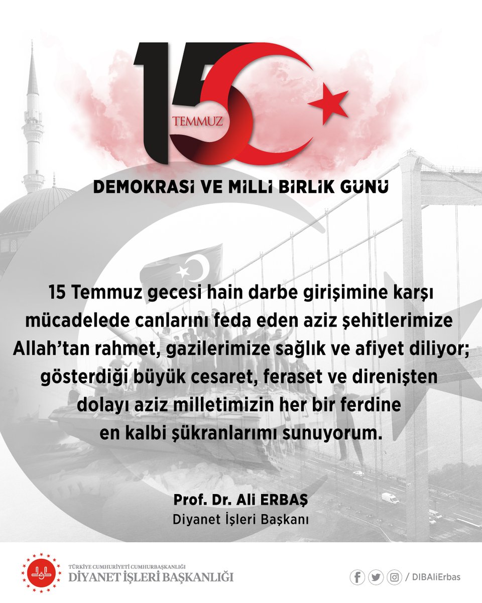 Milletimiz, vatanına, birliğine ve kardeşliğine kasteden FETÖ terör örgütüne karşı asil bir mücadele vererek, cesareti ve fedakarlığı ile hainlerin emellerini boşa çıkarmış; bütün dünyaya örnek olacak şanlı bir direnişle darbe ve işgal girişimcilerini bertaraf etmiştir.
#15Temmuz