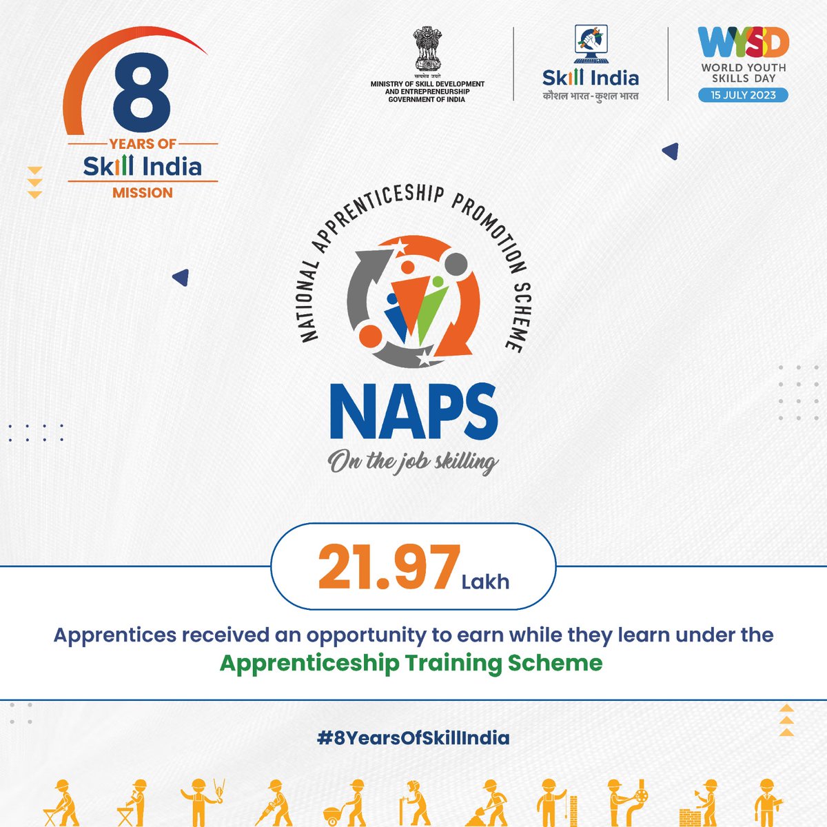 Join the skills revolution!
With over 6 lakh apprentices engaged in various establishments across the country, we're empowering the youth to drive India's progress.
#SkillIndia #8YearsOfSkillIndia #EmpoweringYouth #SkilledWorkforce #MSDE #WorldYouthSkillsDay2023