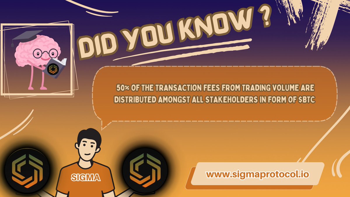 #DidYouKnow series are back with brand new design and interesting facts about #Sigma
50% of the transaction fees from trading volume are distributed amongst all stakeholders in form of #BTC
#Web3 #DeFi #dApps #NFT #Crypto #Cryptocurency #Airdrop #blockchain #SGM #ETH #BSC #Launch