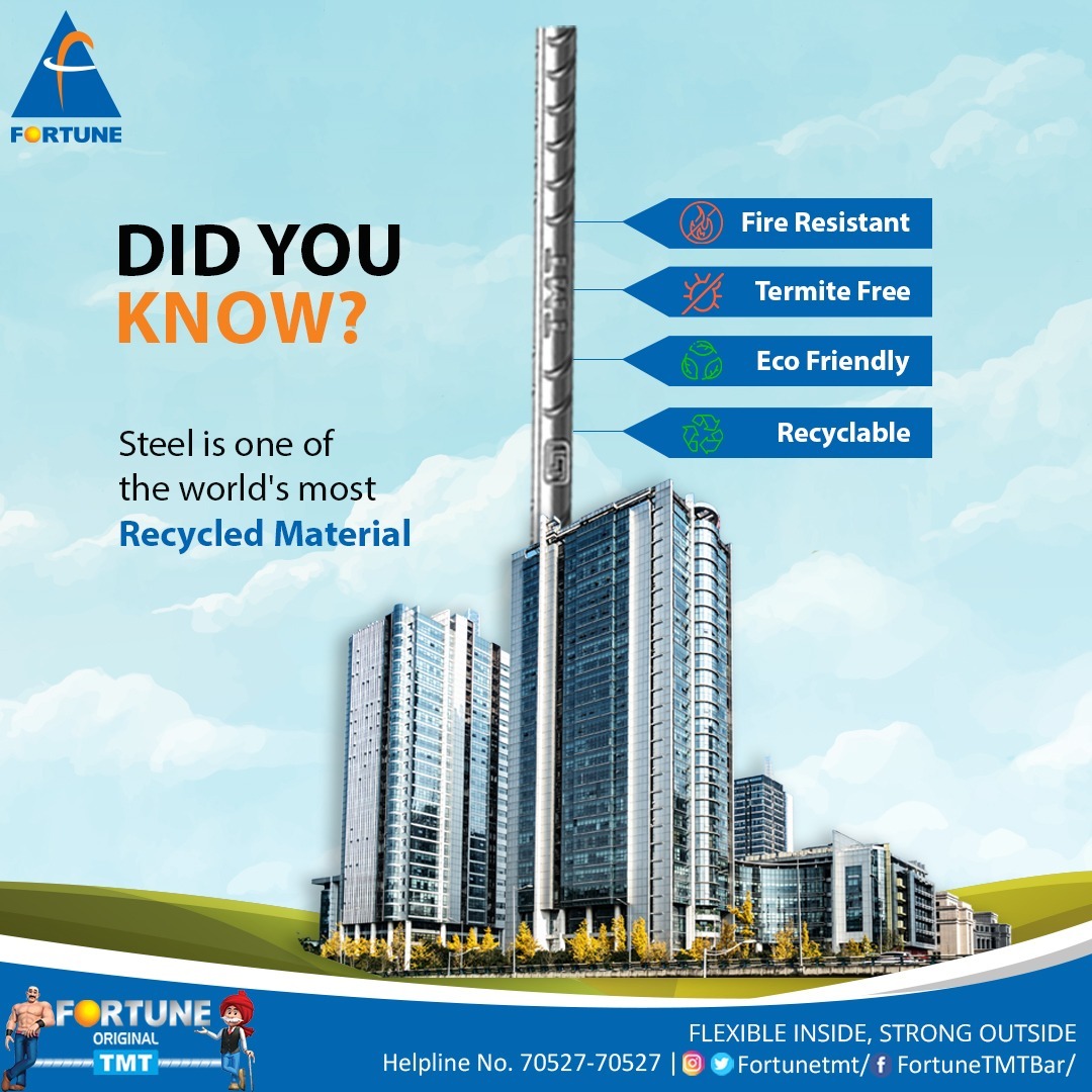 Did YOU KNOW?🤔
Steel is one of the world's most recycled material.

✔️Fire Resistant
✔️Termite Free
✔️Eco Friendly
✔️Recyclable

#steelindustryproducts #residentialdesign #construction #steelfacts #facts #FortuneGroup #FortuneInRaipur #FortuneInMandigobindgarh #RollingMill