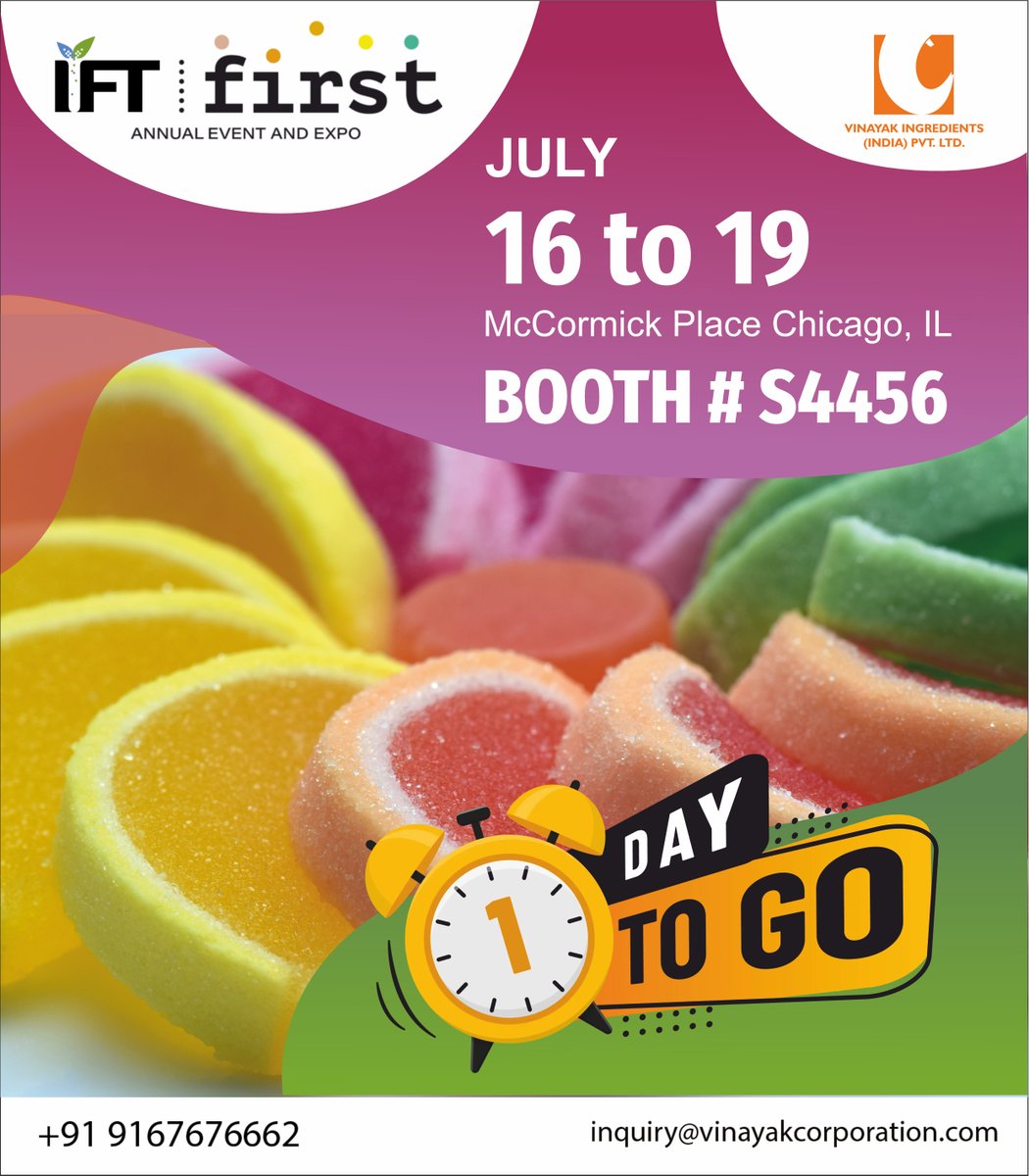 Only 1 day to go! We would like to invite you to our booth to explore a wide range of plant-based ingredients.
See you there! #IFT2023

#IFT #VinayakCorporation #VinayakIngredients #JoinUs #Exhibition2023 #IFTFirst #NaturalFoodColor #India #innovation #future #foodindustry #food