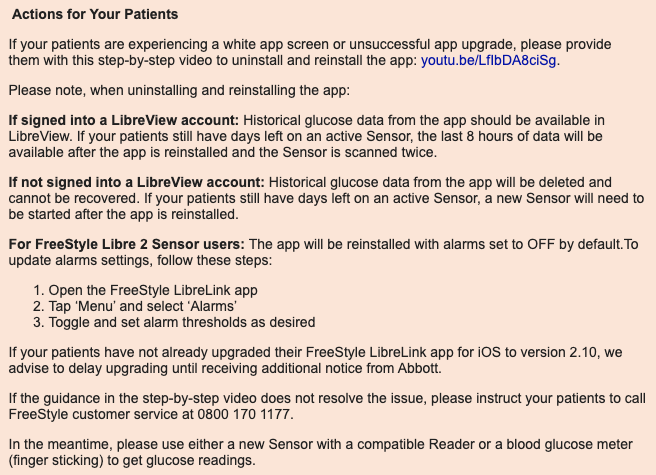 Further information regards #Libre2 and #Freestyle #LibreLink App -as it switches to a #CGM via <a href="/FreeStyleDiabet/">FreeStyle Libre</a> 

Apology from <a href="/AbbottNews/">Abbott</a> noted- with <a href="/MHRAgovuk/">MHRAgovuk</a>  notified 

Information to cascade to those using this device 

Thank you- RT etc appreciated 

#gbdoc