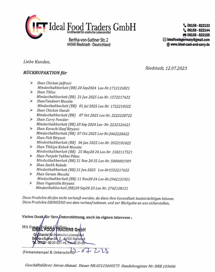 In Germany following Shan products have been banned. They have found Ethylene Oxide in them.
Ethylene oxide is disinfectant &amp; fumigant used to combat bacteria, viruses &amp; fungi.  It can alter the genetic material, cause cancer &amp; is banned from food production in Europe.