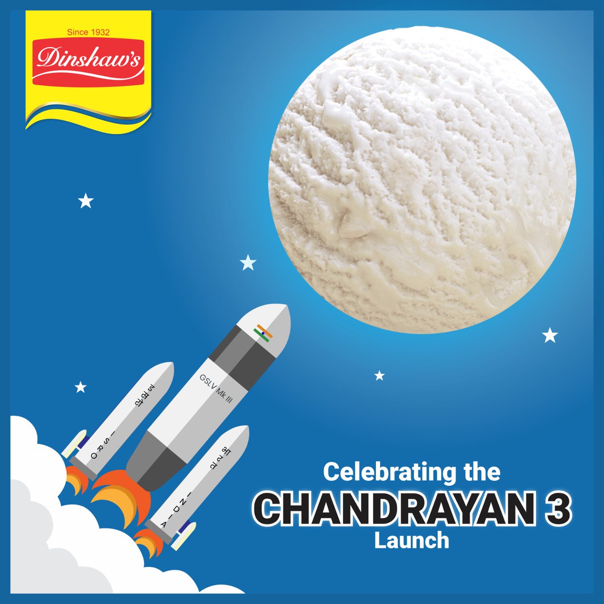 DinshawOfficial's tweet photo. "Sending our creamy wishes to Chandrayaan 3 as it embarks on a lunar rendezvous.
#Dinshaws4UAlways #chrandrayaan3 #chandrayansuccess #bestwishes #icecream #india #proudmoment #proud #dinshawsicecream #trending #instdaily #viral #milk #dairy #bakery #snacks #delicious #creamy https://t.co/IMYXCHuHbR