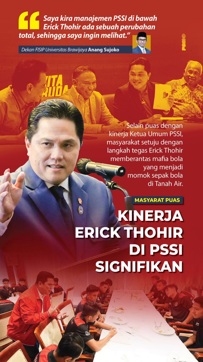 Pelan tapi pasti memang perubahan signifikan terjadi di sepak bola tanah air, perubahn ini terjadi tak luput dr peran ketua umum PSSI yg baru yakni <a href="/erickthohir/">Erick Thohir</a> 👍🏼

Gebrakan² demi gebrakan sdh dimulai oleh <a href="/erickthohir/">Erick Thohir</a> ..

Salute 👍🏼

#GueBarengErickThohir