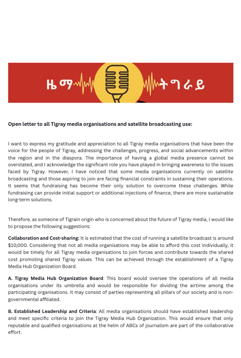 ZemaTigray's tweet photo. Dear Tegaru, 
Open letter to all #Tigray media outlet operations and the undisputedly importance of having a well established media as a society. https://t.co/ZiI1cXT4zS