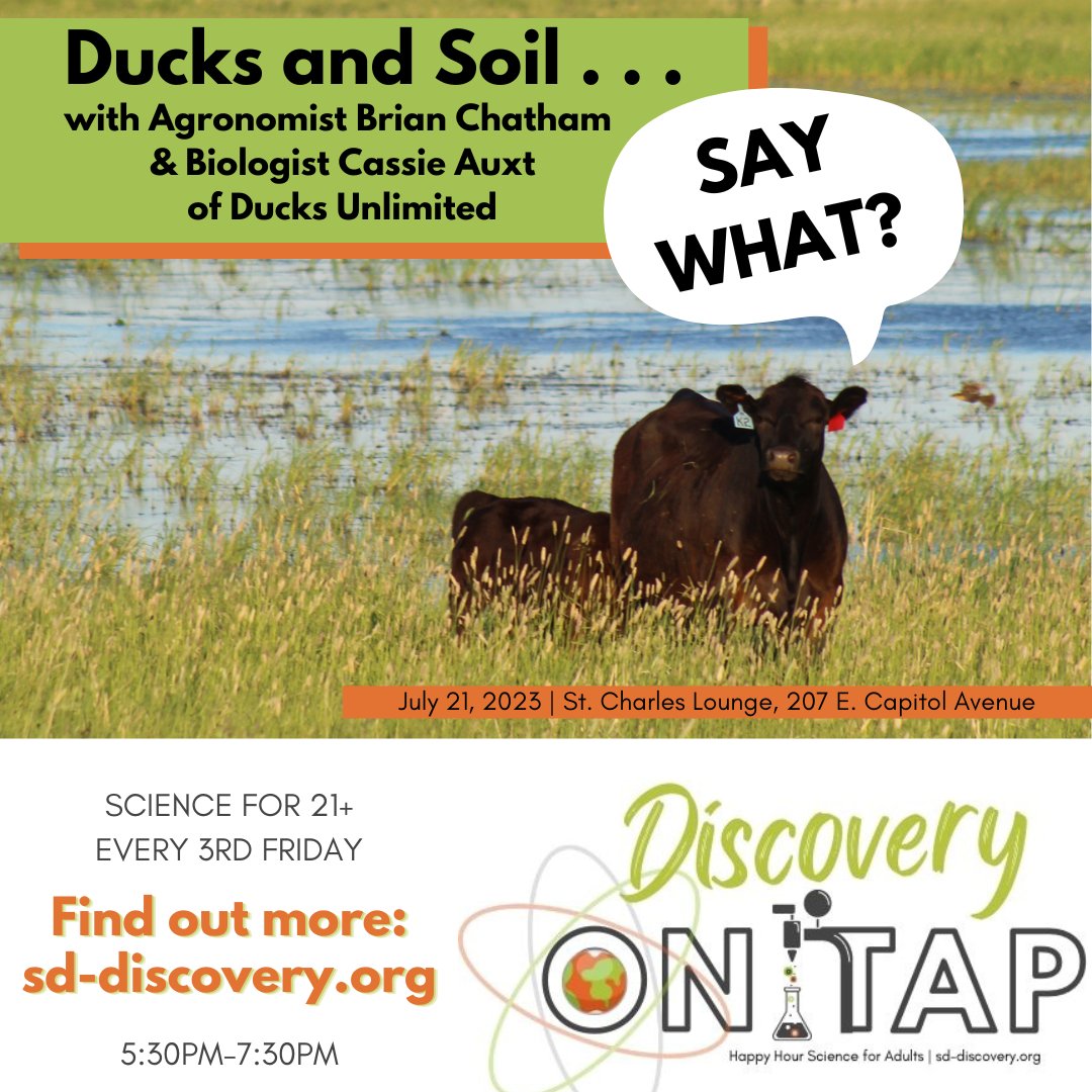 SoDakDiscovery's tweet photo. Happy hour science is next week, with @DucksUnlimited agronomist, Brian Chatham, and biologist, Cassie Auxt. 

Join us, Friday, July 21, at the St. Charles in Pierre at 5:30pm for "Ducks and Soil... Say What?" 

Find more info at https://t.co/FIPHliokkO

#discoveryontap https://t.co/7ZAVZHJSkI