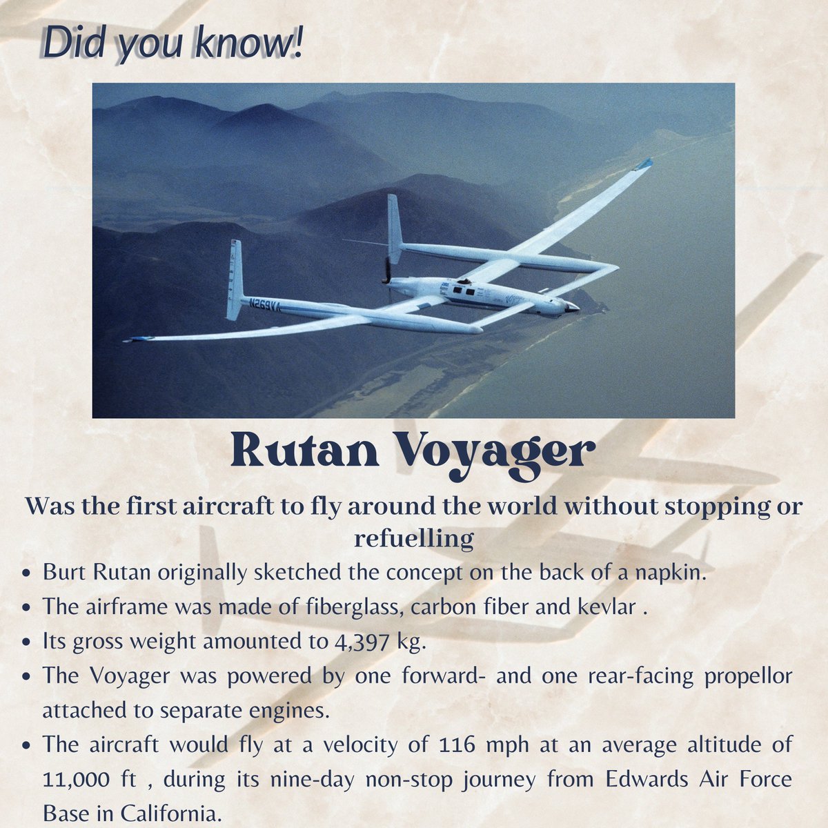 teamarcis's tweet photo. The Rutan Voyager's place in aviation history is noteworthy for being the first airplane to fly around the world non-stop without refueling.
To know more about it visit our media.
https://t.co/XQQQ7VqcIf
https://t.co/QwVGWnhMmr

#Aircraft #DYK #flyhighwithTeamArcis #flyhigh https://t.co/LrteehJvAe
