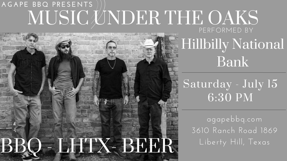 AgapeBbq's tweet photo. Not to be missed 👊  Music Under The Oaks with Hillbilly National Bank. Hillbilly National Bank is a roots based band from Austin.  We love  Blues from the Delta,  R and B from Stax Volts, Rock from Carl Perkins  and the like and Country gold from ... https://t.co/AndRvdSXu4