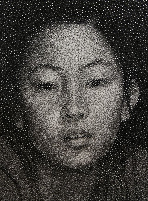 Portraits made from a single thread wrapped around nails, by Kumi Yamashita, New York City–based Japanese artist #WomensArt