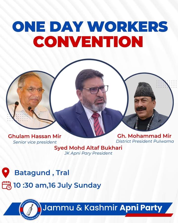 Sheetal10482300's tweet image. Jammu and Kashmir Apni Party - JKAP's one day workers convention is scheduled to be on 16- July-2023 , Sunday at 10:30 am in Batagund,Tral.
@SMAltafBukhari
@Gh_Mir_Tral
#Jkap #ApniParty #jkapniparty #AltafBukhari #apnipartyonline #JammuAndKashmir