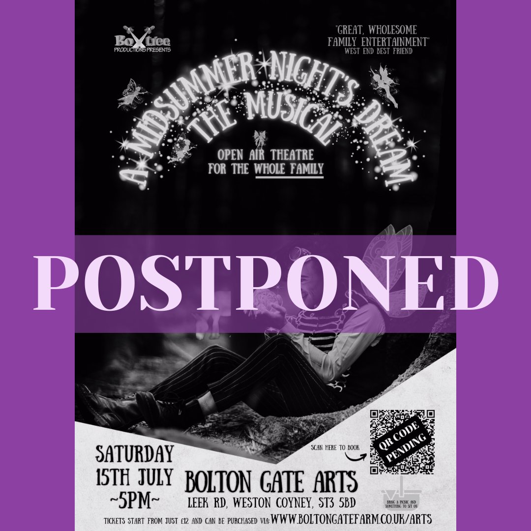 ⛈ POSTPONED - A Midsummer Night's Dream: The Musical ⛈

Despite our best efforts we have taken the decision to postpone this evenings performance, due to the extreme weather conditions.

We contact all ticket bookers shortly to offer an alternative date, exchange or refund.