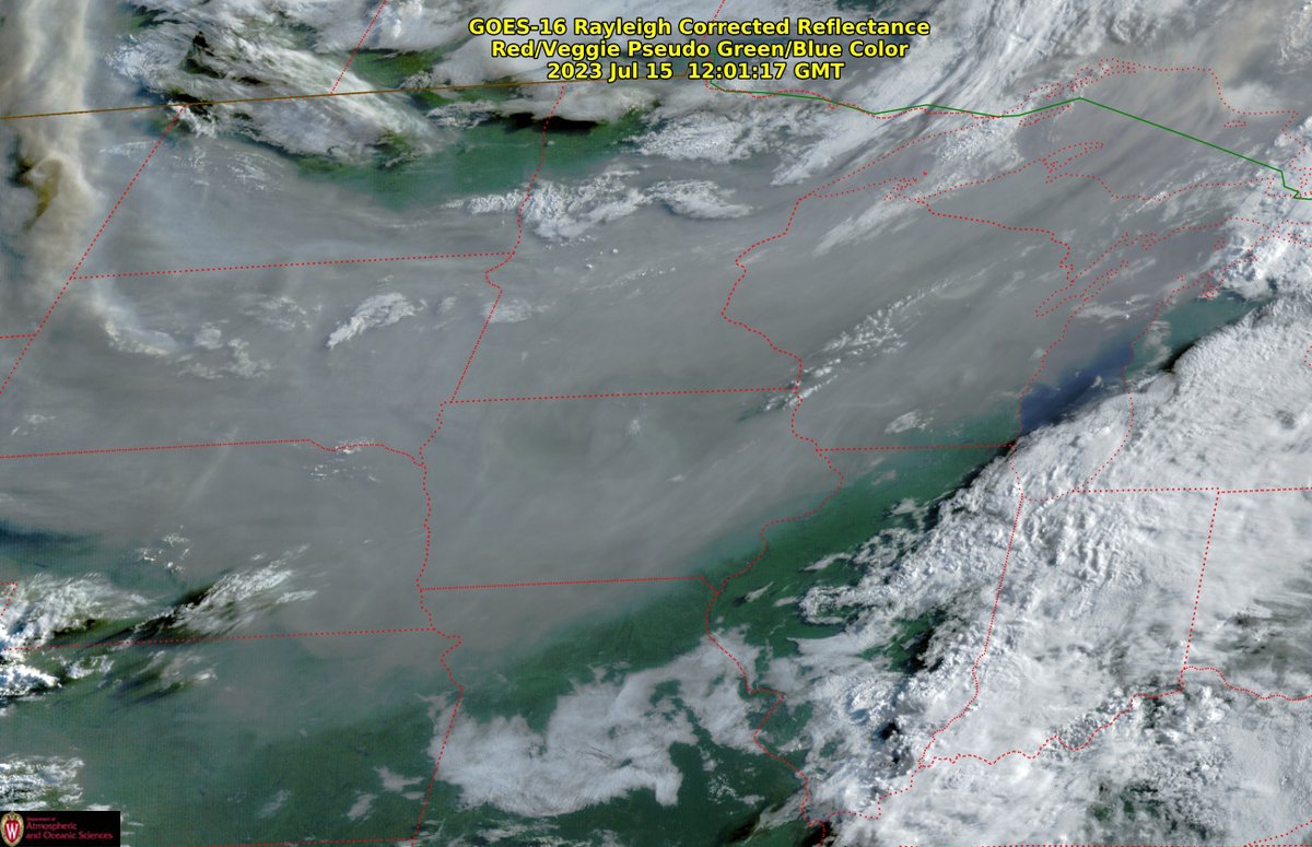 Here's a satellite view of the #wildfiresmoke impacting the Midwest today where Air Quality Indices are generally in the unhealthy range. Find your local AQI via airnow.gov. Get updates of this smoky #GOESEast scene via dustdevil.aos.wisc.edu/goes16/grb/rgb… #NDwx #SDwx #MNwx #WIwx