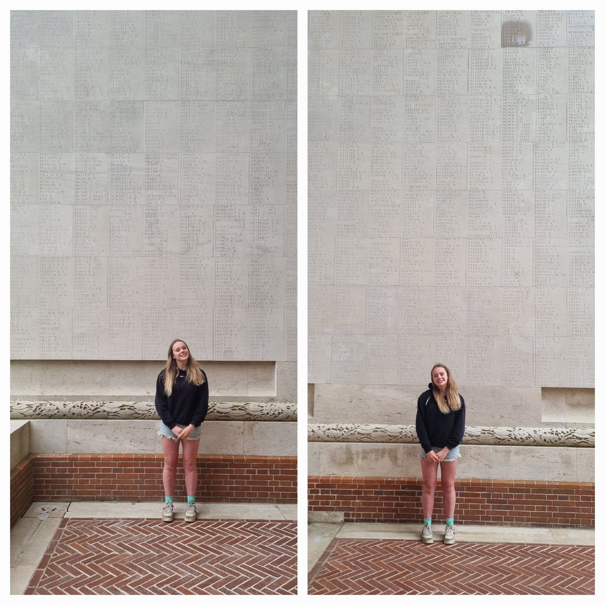 MrCookHHS's tweet photo. A special moment yesterday for Elsie who found two relatives at Tiepval, the memorial to the missing in France. Amazingly, their names are in opposite tiles facing each other. @HaslingdenHigh #WeWillRememberThem #AdaptableTravel https://t.co/8X7OdTjBzZ