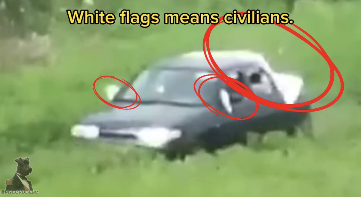 MyLordBebo's tweet photo. 🔞Full video analysis of the execution of Ukrainian civilians:

An AFU unit ambushes civilians, that they view as “traitors”, driving between Russian and Ukrainian zones around Ugledar.

The car is clearly marked as civilian with white flags. They still execute the driver, and (accidentally?) a woman/child in the back.

But they carry on with business as usual and dump the bodies.