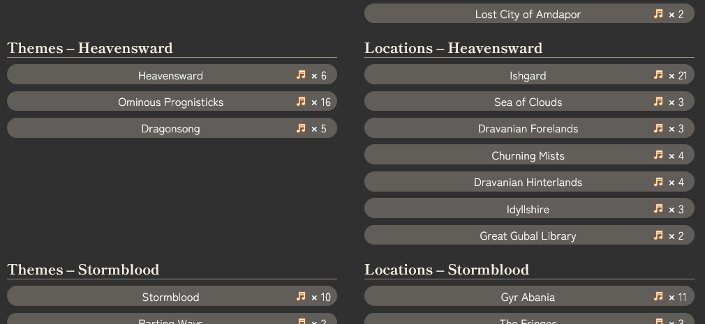 Esbylion's tweet photo. I've made a website about the Final Fantasy XIV soundtrack! It shows off all the motifs I know about (which is ~110 or so!). It's my first webdev project, so feedback is appreciated, but also it's just a cool thing you can check out

https://t.co/QNB7Mu3tHX https://t.co/DqF3RhH2Ro