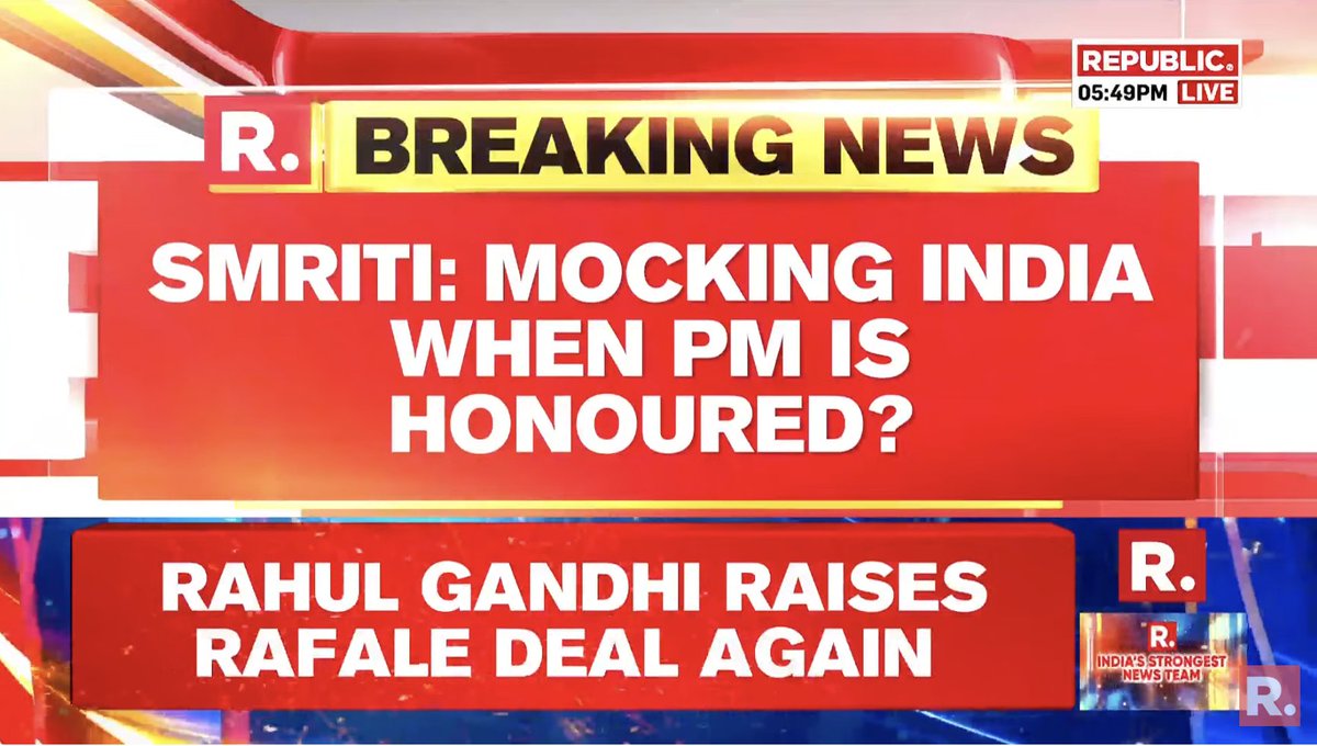 republic's tweet photo. #BREAKING | Rahul Gandhi mocks PM Modi's visit to France, Smriti Irani hits back. Tune in here to watch - https://t.co/p3oXKZhtwc
#PMModi #France #UAE #India #RahulGandhi #Rafale #Congress https://t.co/mYpZJmisyq