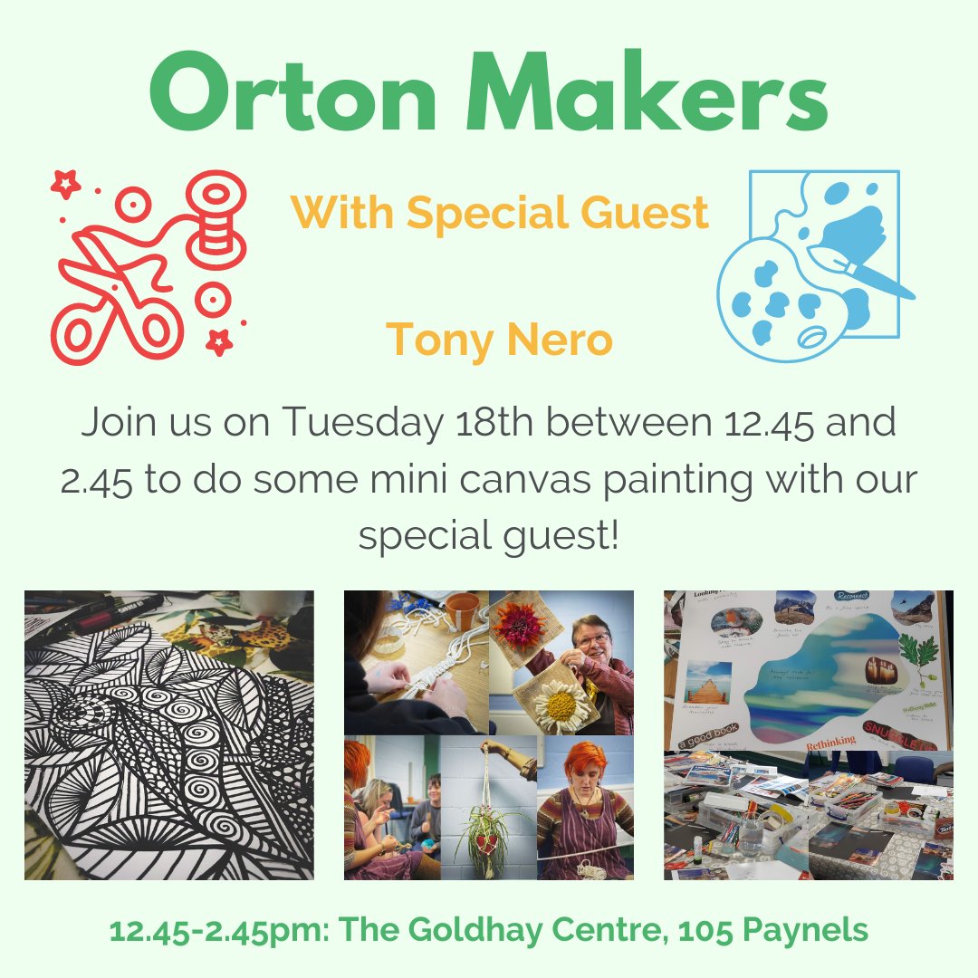 Join the Orton Makers on Tuesday at 12.45 and paint mini canvasses with special guest, Tony Nero!!
It's all free, with a great group of people sharing ideas and skills - plus there's free cuppas and biscuits!

#Craft #Art #Charity