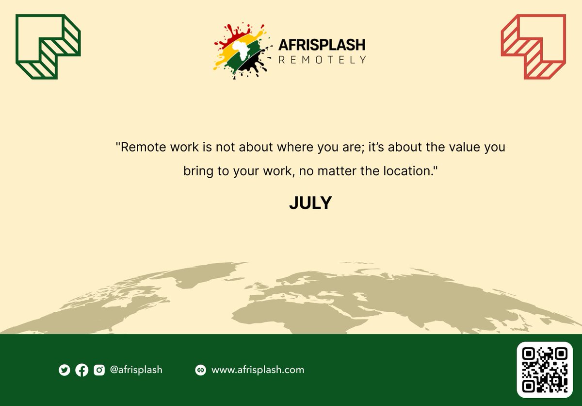 'Remote work is not about where you are; it’s about the value you bring to your work, no matter the location.'

Join our waitlist Now- afrisplash.com

#globalworkforce #productivity #Collaboratefromanywhere #Connectedremotely #workingtogether  #Remotebutnotalone #WFH